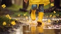 Feet of child in yellow rubber boots jumping over a puddle in the rain. Royalty Free Stock Photo