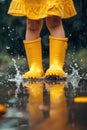 Feet of child in yellow rubber boots jumping over a puddle in the rain Royalty Free Stock Photo