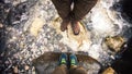 Feet Couple Man and Women in love hiking outdoor Royalty Free Stock Photo