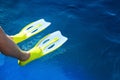 Feet with flippers on the blue sea while snorkeling.