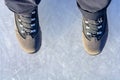 feet on frozen ice, frozen river, thick ice Royalty Free Stock Photo