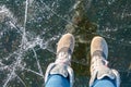 Feet on frozen ice, frozen river, thick ice Royalty Free Stock Photo