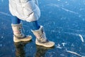 Feet on frozen ice, frozen river Royalty Free Stock Photo