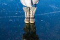 Feet on frozen ice, frozen river Royalty Free Stock Photo