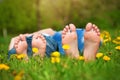 Feet on grass. Family picnic in green park Royalty Free Stock Photo