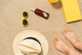 Feet, hat, shades, sunscreen and book on beach Royalty Free Stock Photo