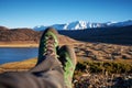 Feet Hiker relaxing enjoying view entrance outdoor. Travel Lifestyle concept adventure vacations outdoor