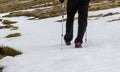 FEET OF A HIKER WALKING WITH POLES THROUGH THE SNOW Royalty Free Stock Photo