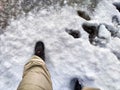 Feet of Hunter or fisherman in big warm boots on a winter day on snow. Top view. Fisherman on the ice of a river, lake