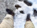 Feet of Hunter or fisherman in big warm boots on a winter day on snow. Top view. Fisherman on the ice of a river, lake