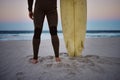 Feet of man on beach sand, surfer in nature look at waves in Hawaii and healthy sport exercise on holiday. Person Royalty Free Stock Photo