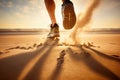 Feet of a man jogging on the beach in sunlight. Closeup on shoe, workout, wellness concept. Generative AI Royalty Free Stock Photo