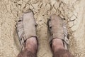 Feet of man with leather sandals sunk in the sand of the beach Royalty Free Stock Photo