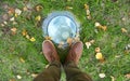 Feet Man walking on fall leaves Outdoor with Autumn season nature on background Lifestyle Fashion trendy style Royalty Free Stock Photo