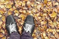 Feet Man walking on fall yellow leaves. Lifestyle, Fashion and trendy style. Advertising shoes.