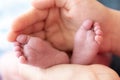 Feet of a newborn baby in mom`s palms close. Close up of female hands holding the feet of a newborn baby. Feet of a Royalty Free Stock Photo