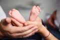 Feet of a newborn baby in parents hands. Mum and Dad hug their baby& x27;s legs. Royalty Free Stock Photo