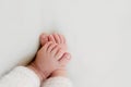 Feet of a newborn baby, toes in the hands of mom and dad, hands and nails of a child, the first days of life after birth, Royalty Free Stock Photo