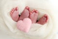 Feet newborn twins Two pairs of baby feet in a white knitted blanket. Pink heart Royalty Free Stock Photo