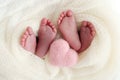 Feet of newborn twins. Two pairs of baby feet in a white knitted blanket. Pink knitted heart.