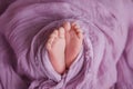 The feet in the palms, the mother holds the feet of her newborn child in her hands Royalty Free Stock Photo