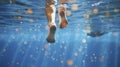 Feet of people moving under the water in the pool. Children legs. Summer. vacation and sport concept. Generative AI