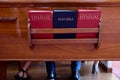 Church Pew With Bible and Hymnal Books Royalty Free Stock Photo