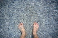 The feet in the pool in the morning reflecting the water as waves