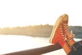 Feet red sneaker a girl in nature and relax time Royalty Free Stock Photo