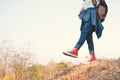 Feet red sneaker a girl in nature and relax time Royalty Free Stock Photo