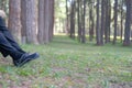 feet resting on grass in pine tree forest Royalty Free Stock Photo