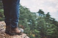 Feet on rocky cliff edge with forest aerial view