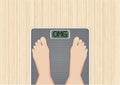 Feet on scales, Wooden desk background, woman feet on overweight scales