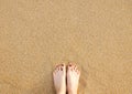 Feet on Sea Sand Beach Background. Top View. Closeup of Barefoot Woman Standing on Golden Sandy Beach in Sunny Summer Day. Selfie Royalty Free Stock Photo