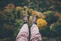 Feet selfie on cliff with autumn forest aerial view Royalty Free Stock Photo