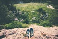 Feet Selfie running shoes Traveler relaxing on cliff Royalty Free Stock Photo