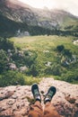 Feet Selfie running shoes Traveler relaxing on cliff Royalty Free Stock Photo