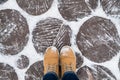 Feet and shoes. Selfie image. winter