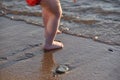 The feet of a small child on a sandy beach by the sea, he wants to enter the water Royalty Free Stock Photo