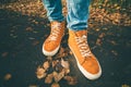 Feet sneakers walking on fall leaves Outdoor Royalty Free Stock Photo