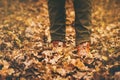 Feet sneakers walking on fall leaves Outdoor Royalty Free Stock Photo