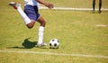 Feet, soccer player and penalty kick on field for goal, competition or game for sports career. Man, football and Royalty Free Stock Photo