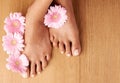 Feet, spa and pedicure with flowers and skincare ready for wellness and floral foot massage. Black woman, luxury and Royalty Free Stock Photo