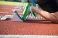 Feet on starting block ready for a spring start. Royalty Free Stock Photo