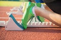 Feet on starting block ready for a spring start. Royalty Free Stock Photo