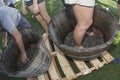 Feet stomping grapes Royalty Free Stock Photo