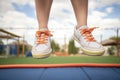 feet in tennis shoes jumping on a trampoline Royalty Free Stock Photo