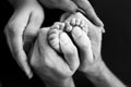 Feet of a tiny newborn. Children& x27;s foot in the hands of mother, father, parents. Royalty Free Stock Photo