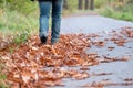 Feet trekking boots hiking through fall foliage. Traveler alone outdoor wild nature. Woman walking away on the road Royalty Free Stock Photo