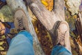 Feet trekking boots hiking Traveler alone outdoor wild nature Li Royalty Free Stock Photo